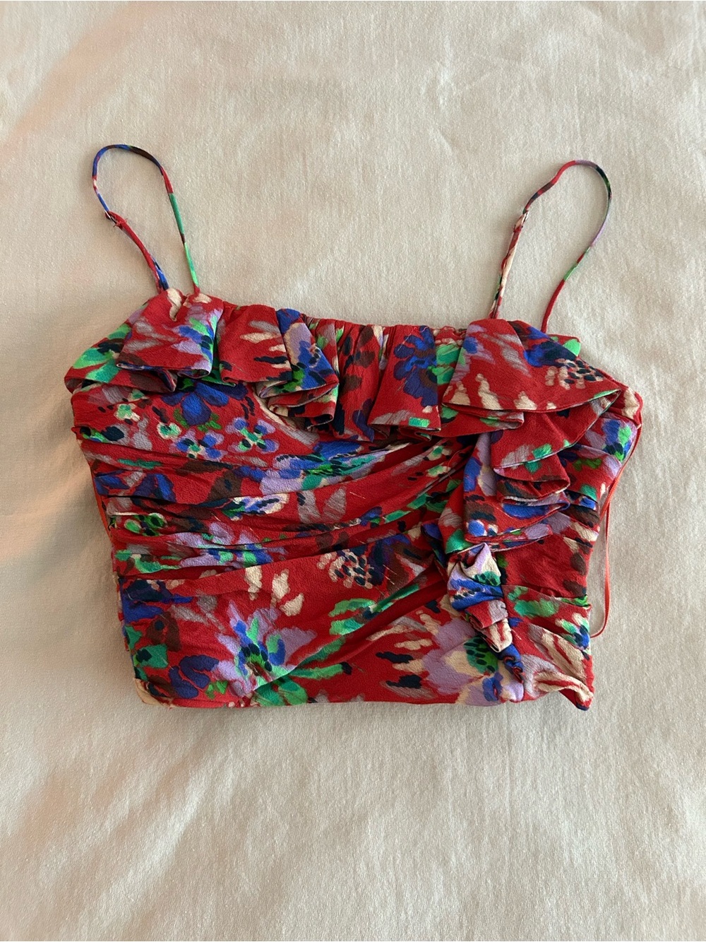 Floral Ruffle Red Crop Cami Top With Boning